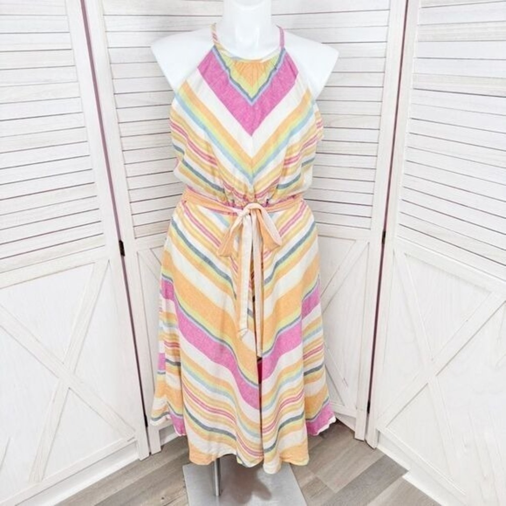 New‎ York & Company Linen Blend Chevron Stripe Halter Midi Dress XL Cottage Prep